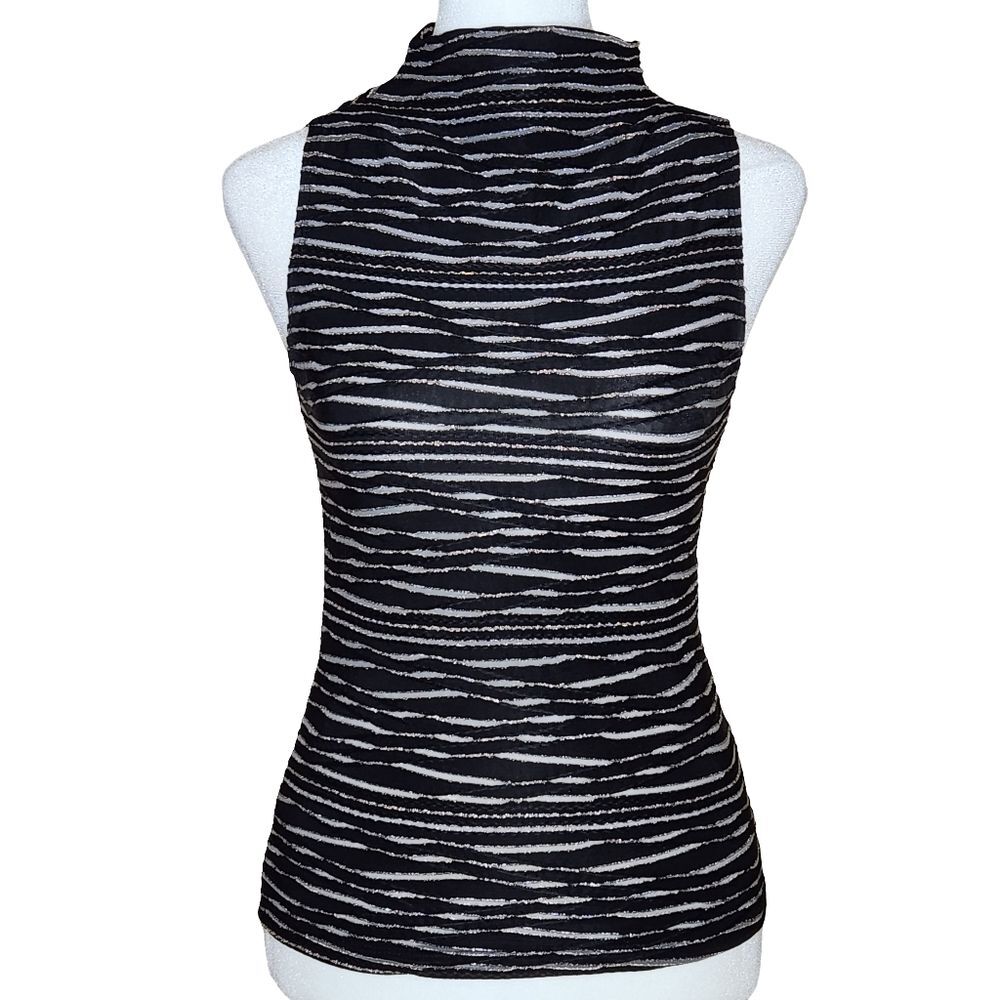Vintage 90s Sarah Sheer Metallic Stripe Mock Neck Top S Black Gold Sleeveless